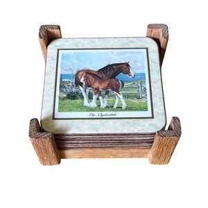 Vintage Pimpernel Horse Coasters (6) Cork Backed w/ Hand Crafted Wooden‎ Holder